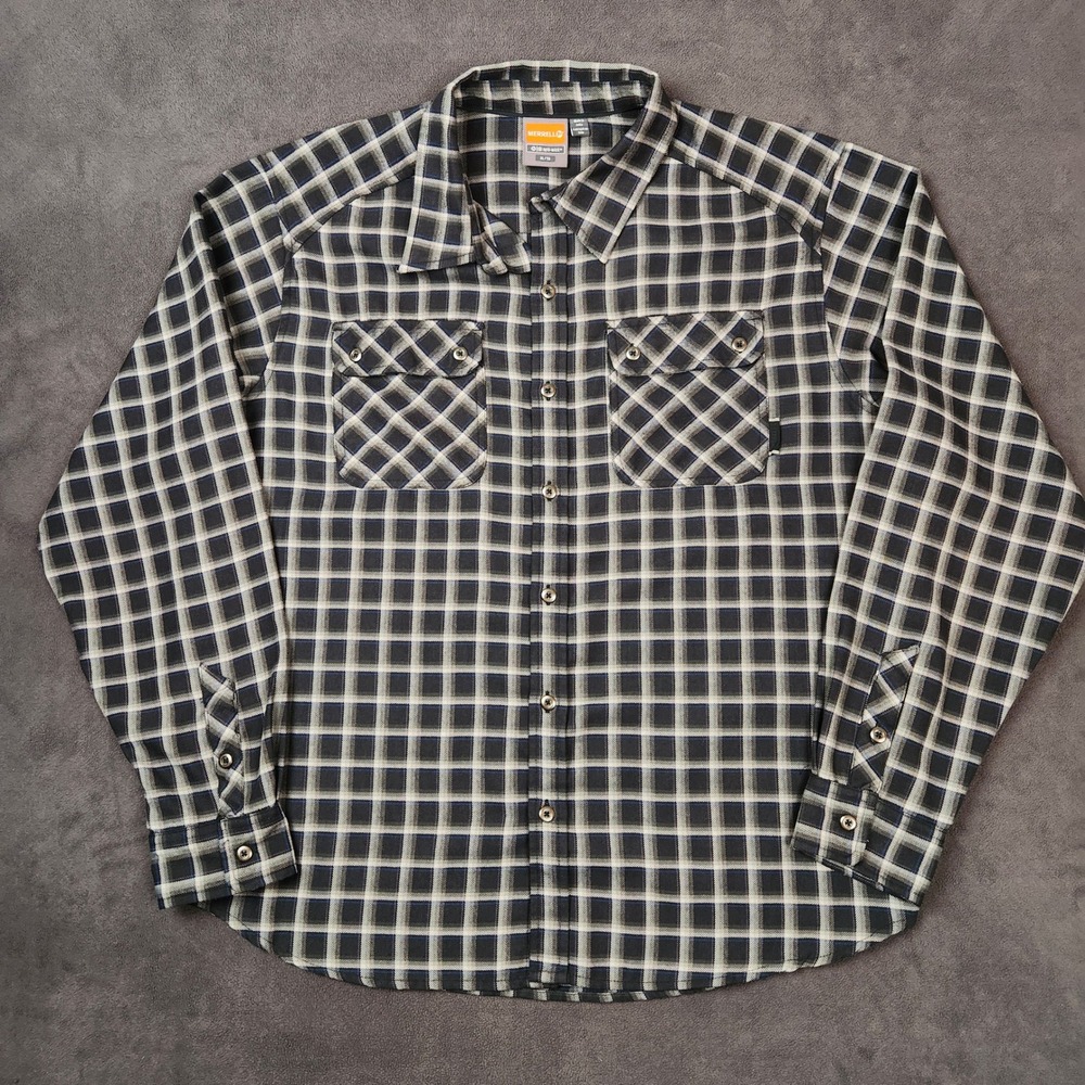 Merrell Shirt Mens XL Black Plaid Flannel Lightweight UPF 50+ Opti Wick Hiking‎